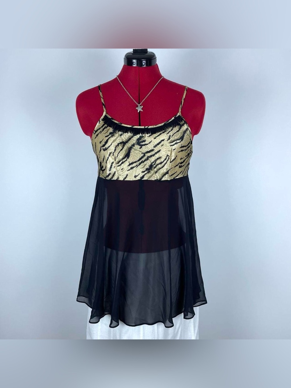 Y2K Gold Animal Print & Black Sheer Camisole Top